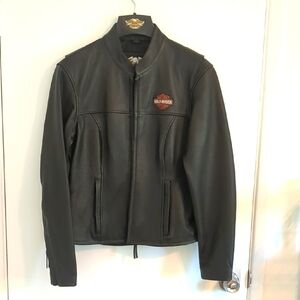 Women's Harley-Davidson Black Leather Bomber Jacket with Stand-Up Collar.